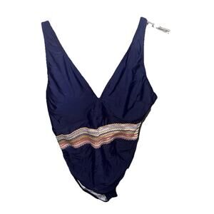 Women’s Navy Blue One-Piece Swimsuit Smocked Waist Adjustable Straps Unbranded